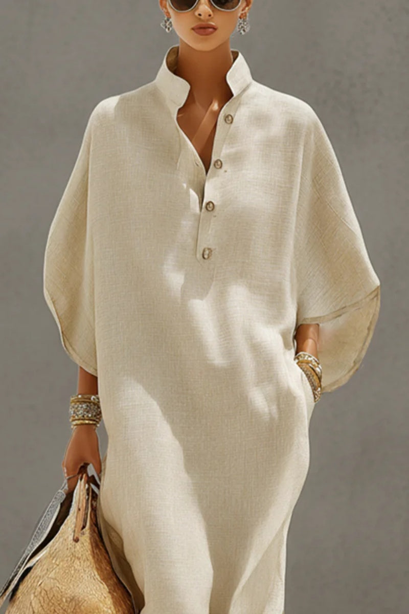 Women's Oatmeal Linen Dress With Mandarin Collar & Dolman Sleeves, Timeless Resort-Casual Style Dress