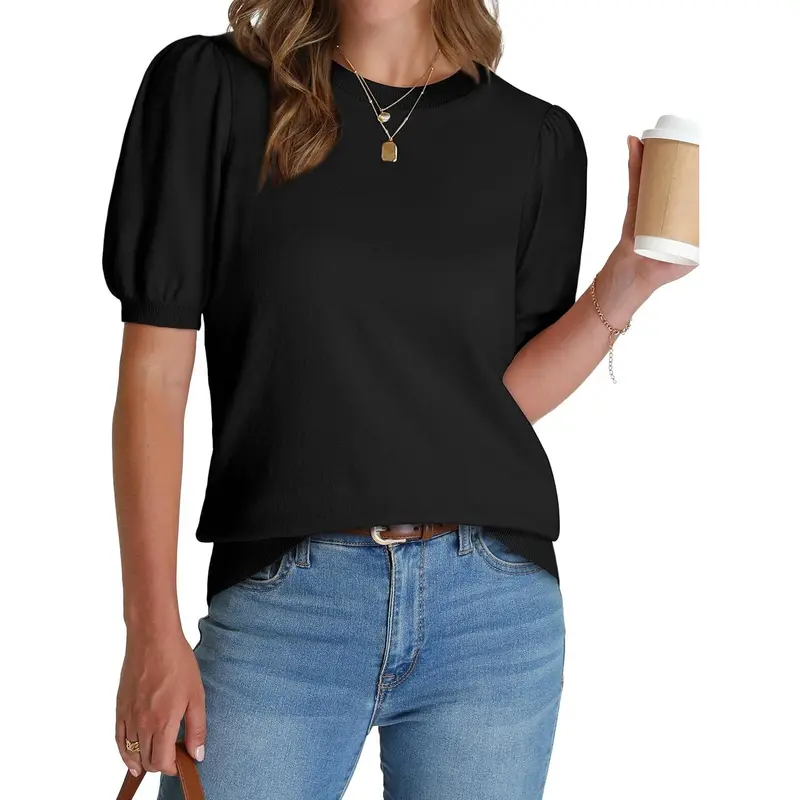 Women's Puff Short Sleeve  Lightweight Knit Top