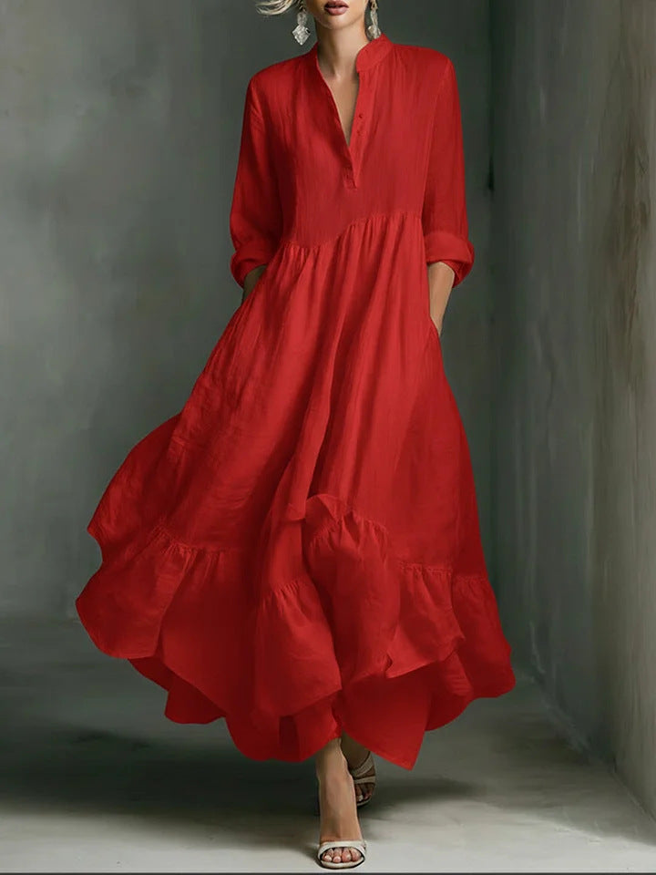 Women's White Long-sleeved Ruffled Maxi Dress