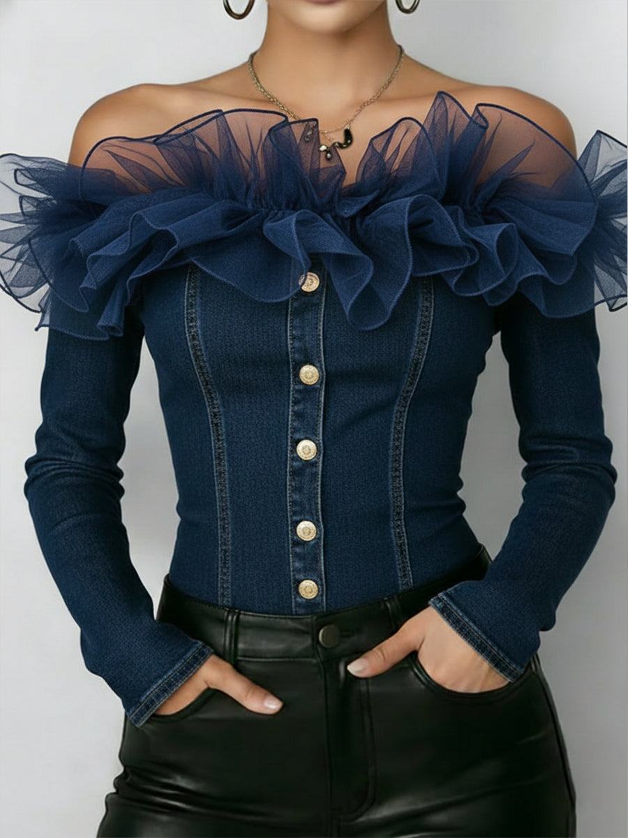 Fashionable Patchwork Organza Ruffled Denim Top
