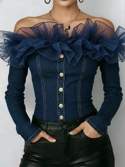 Fashionable Patchwork Organza Ruffled Denim Top