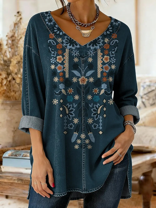 Ethnicity Geometry Flowers Women's Art Print Casual Washed Denim Cotton Top