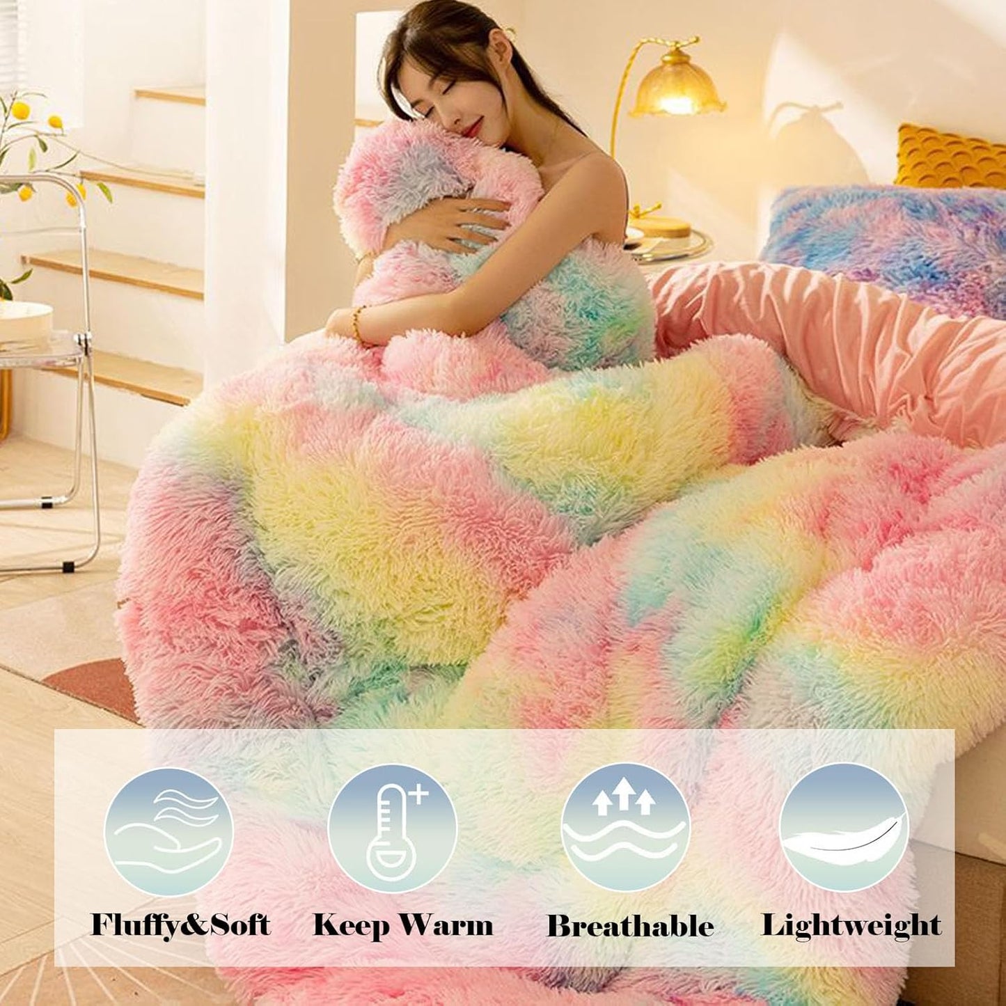 Luxury Plush Mink Thick Faux Fur Quilt, Lightweight Breathable Warm Thick Bed Quilt, Modern Casual Super Soft Four Seasons Fluffy Bedding