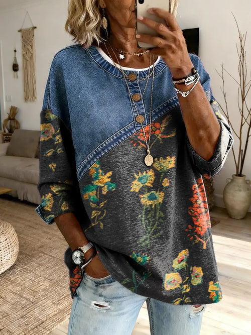 Women's Floral Art Print Crew Neck Button-Up Denim Patchwork Top