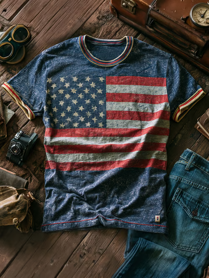 Men's Retro Patriotic Color-Block Crew Neck Short-Sleeve T-Shirt