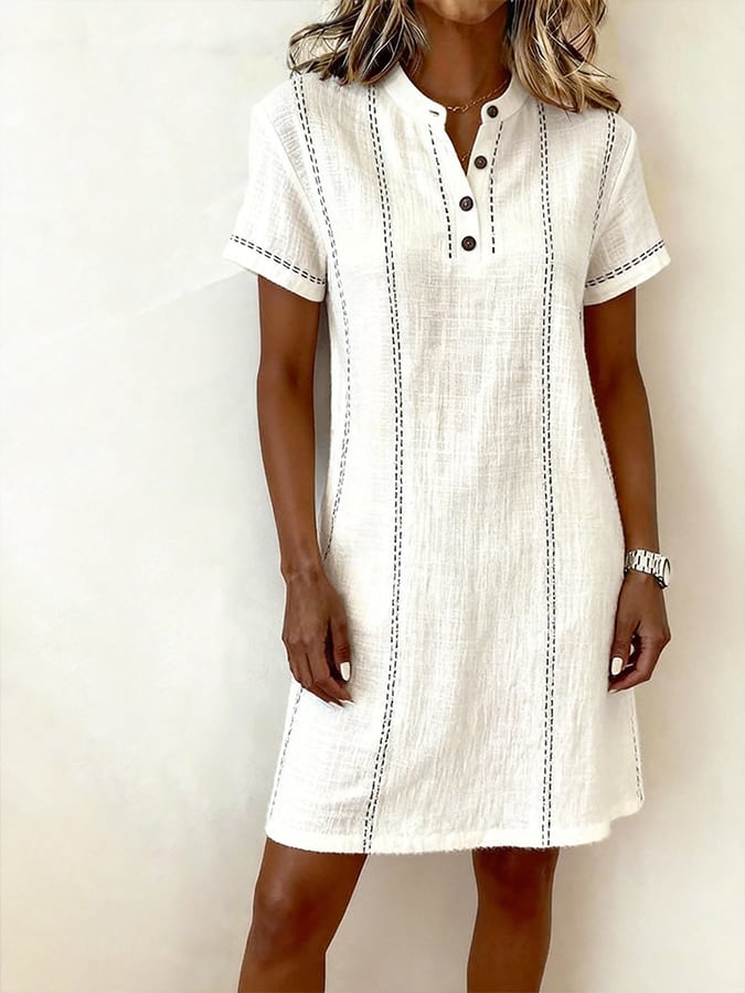 Women's Casual Round-Neck Color-Block Cotton-Linen Dress