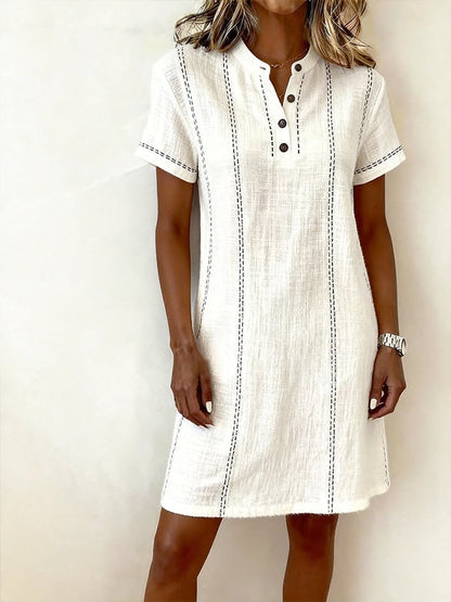 Women's Casual Round-Neck Color-Block Cotton-Linen Dress
