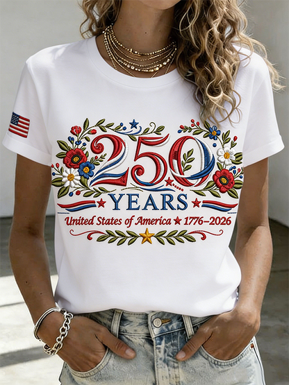Women's 250 Years 1776-2026 USA Floral Embroidered T-shirt