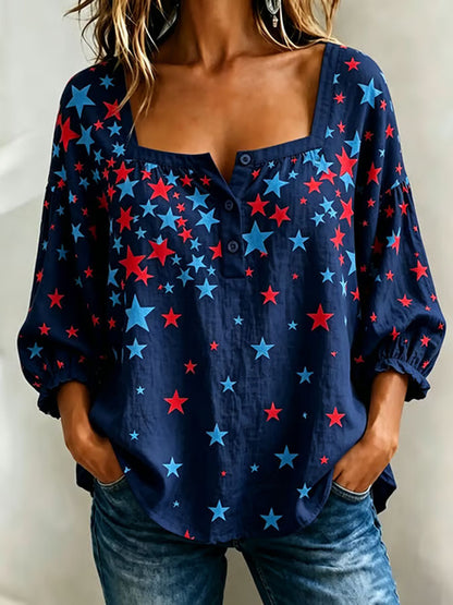 Ladies' Star Print Casual Cotton And Linen Top