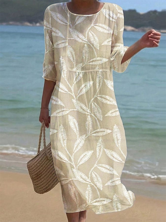 Women's Casual Solid Color Round Neck Mid Sleeve Print Cotton and Linen Dress