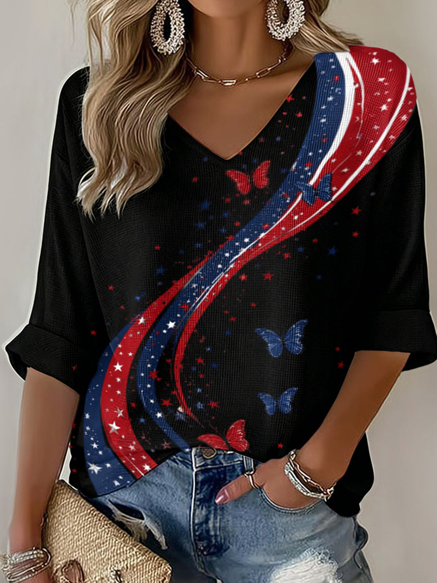 Women's American Flag Printed Casual Waffle Long Sleeve T-shirt