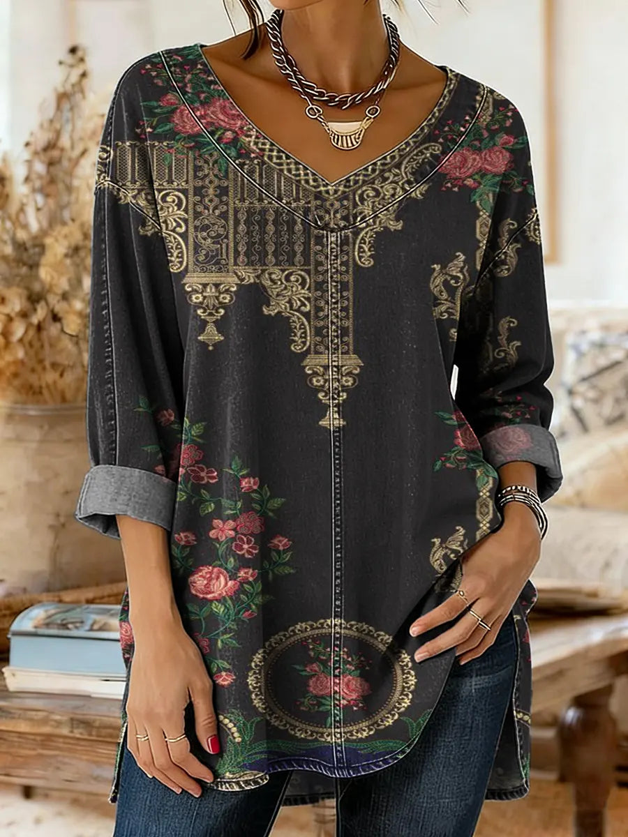 Women's Vintage Floral Print Artistic Washed Denim Cotton Shirt