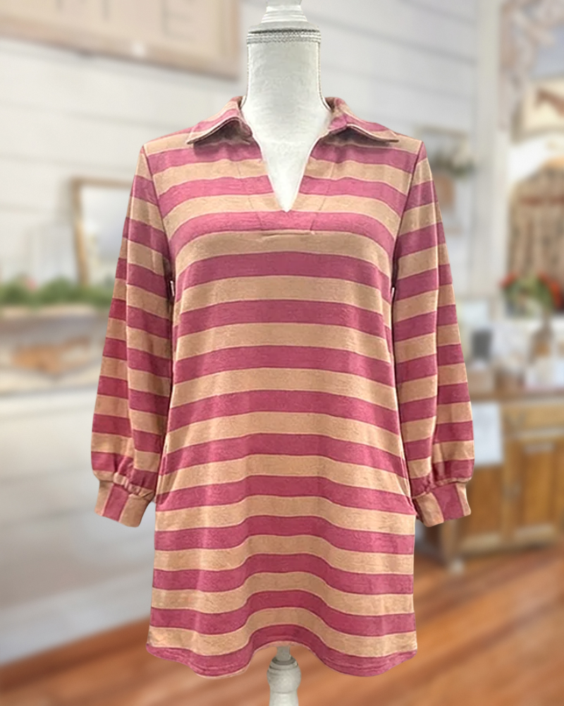 Striped V Neck Pocket Casual Midi Dress