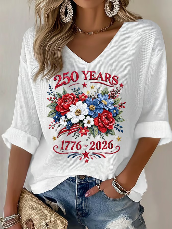 Women's American 250th Anniversary Three-Quarter Sleeve V-Neck Top