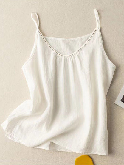 Women's Solid Color V-Neck Cotton And Linen Suspenders Tops