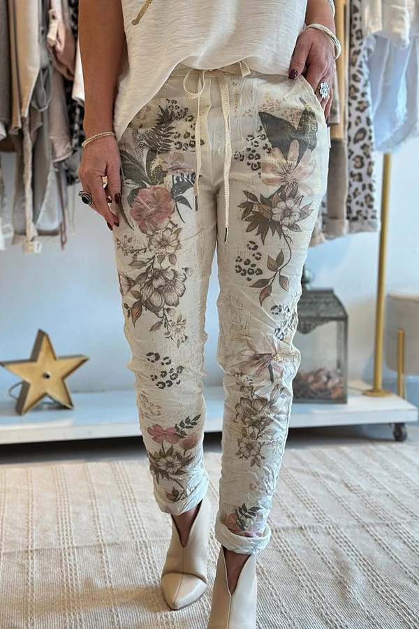 Women'S Floral Print Elastic Waist Casual Pocket Pants  (With Pockets)