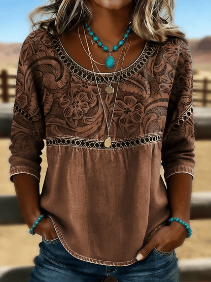 Women's Casual Western Floral Print Cotton Linen Hollow-Out Top