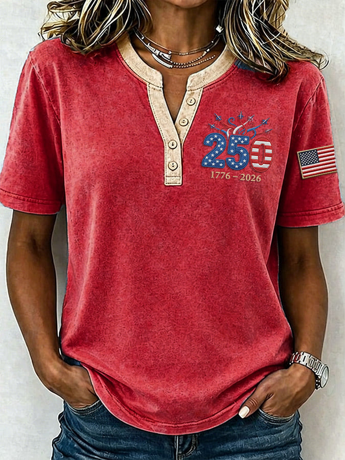 Female Leisure Patriotic Fireworks Flag Button T-Shirt