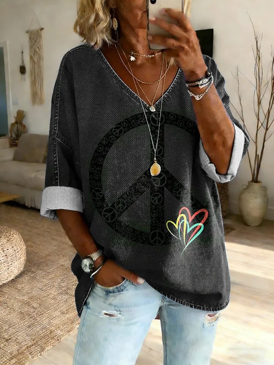 Women's Hippie Peace Heart Art Print Cotton Denim V-Neck Top