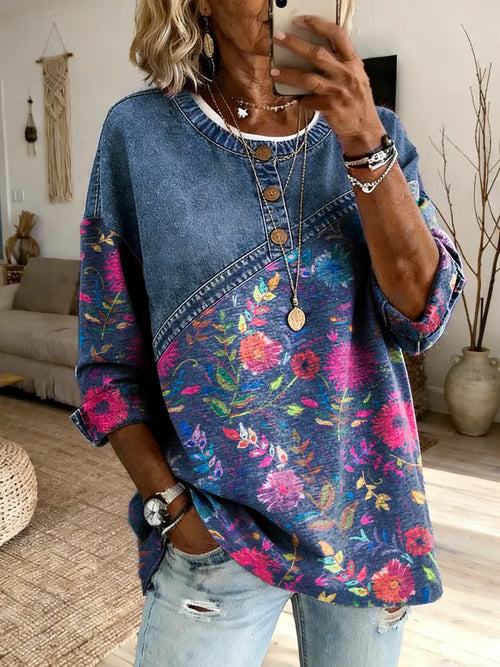Women's Bohemian Floral Art Print Crew Neck Button-Up Denim Patchwork Top