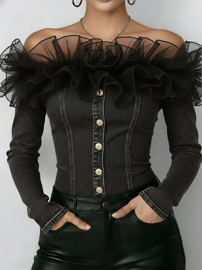 Fashionable Patchwork Organza Ruffled Denim Top