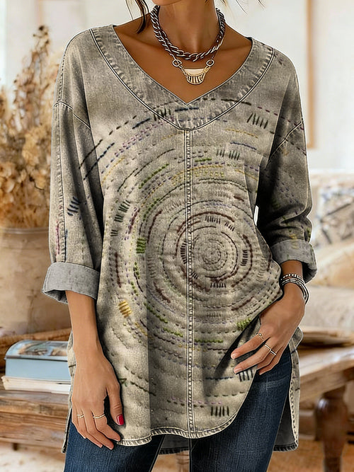 Women's Retro Art Print Casual V-neck Washed Cotton Denim Top