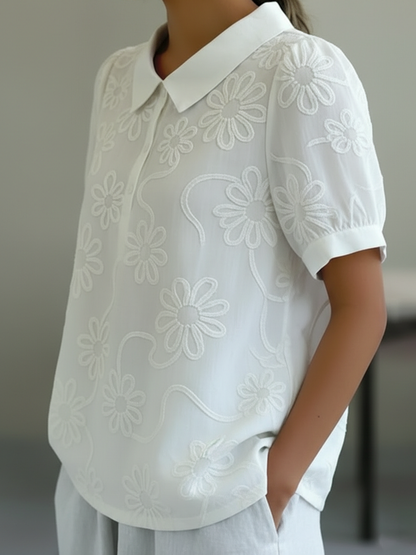 Vintage Peter Pan Collar Floral Embroidery Cotton Shirt