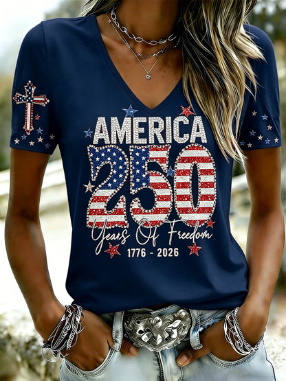 Women's Casual USA 250th Celebration Print Short Sleeve T-shirt