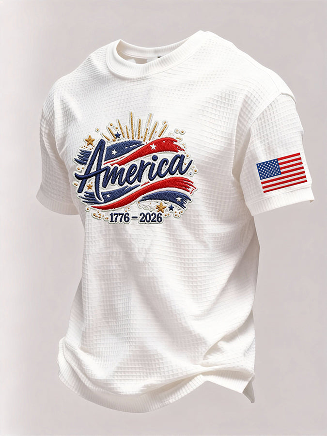 Men’s USA 250th Anniversary Embroidered Print Short Sleeve Waffle T-Shirt