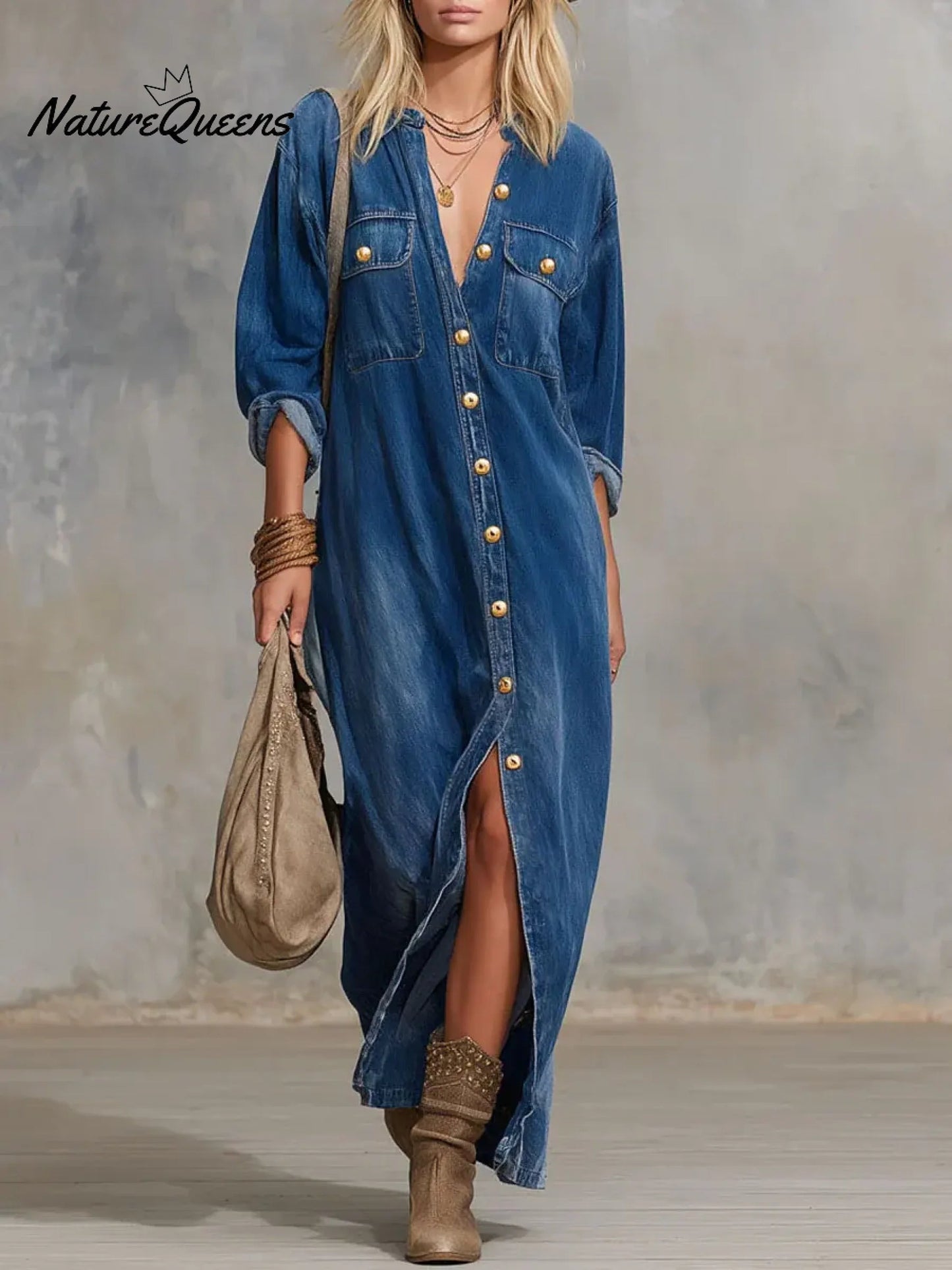 Women's Cardigan-style Collarlong-sleeved Casual Loose Denim Dress.