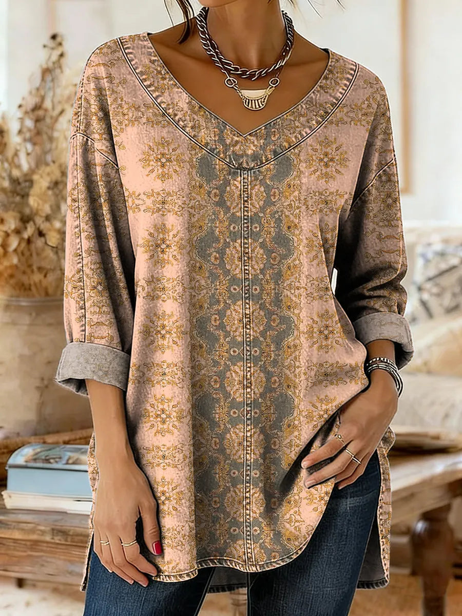 Ethnicity Retro Geometry Totem Women's Art Print Casual Washed Denim Cotton Top