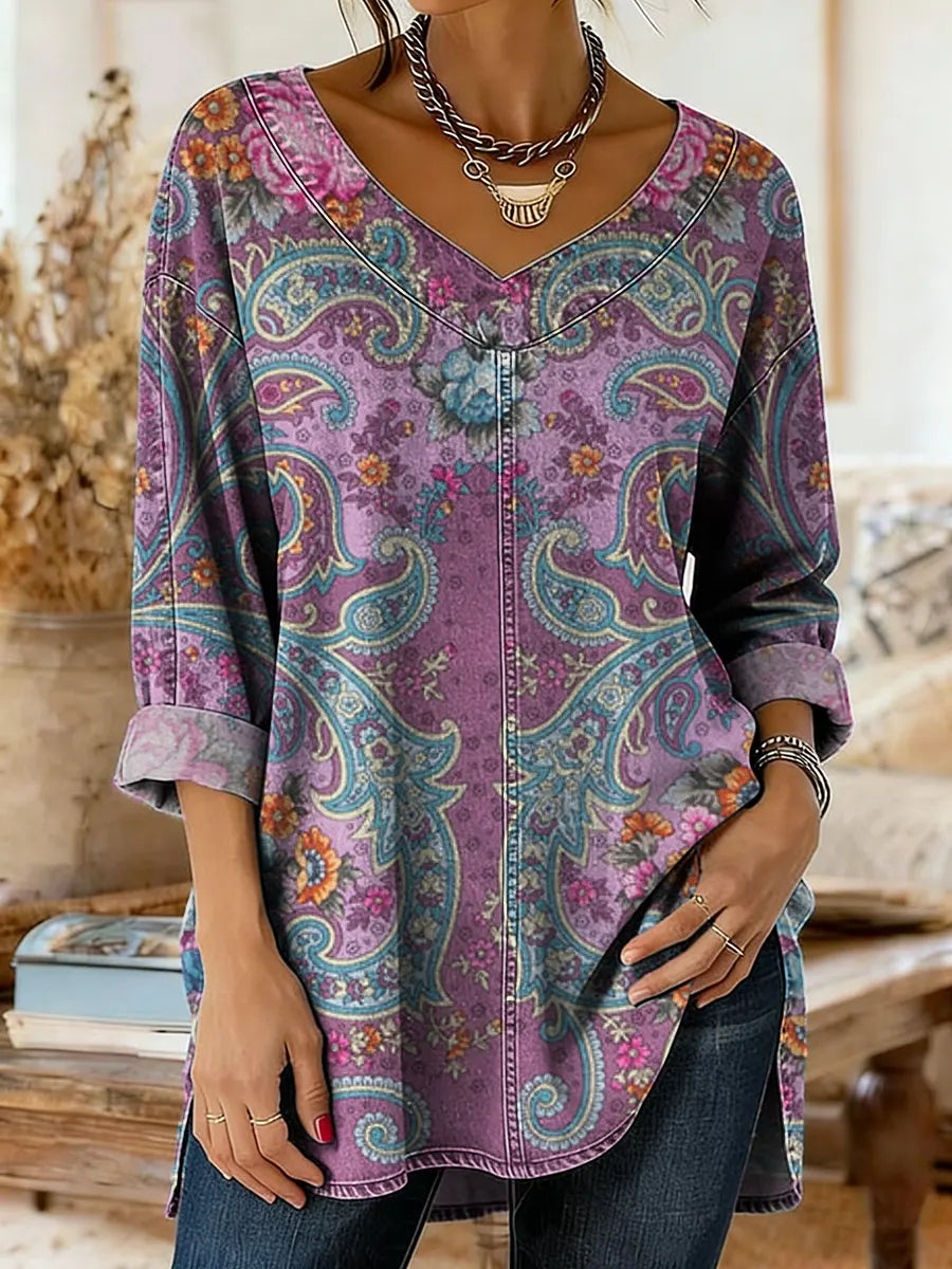 Women's Vintage Floral Print Artistic Washed Denim Cotton Shirt