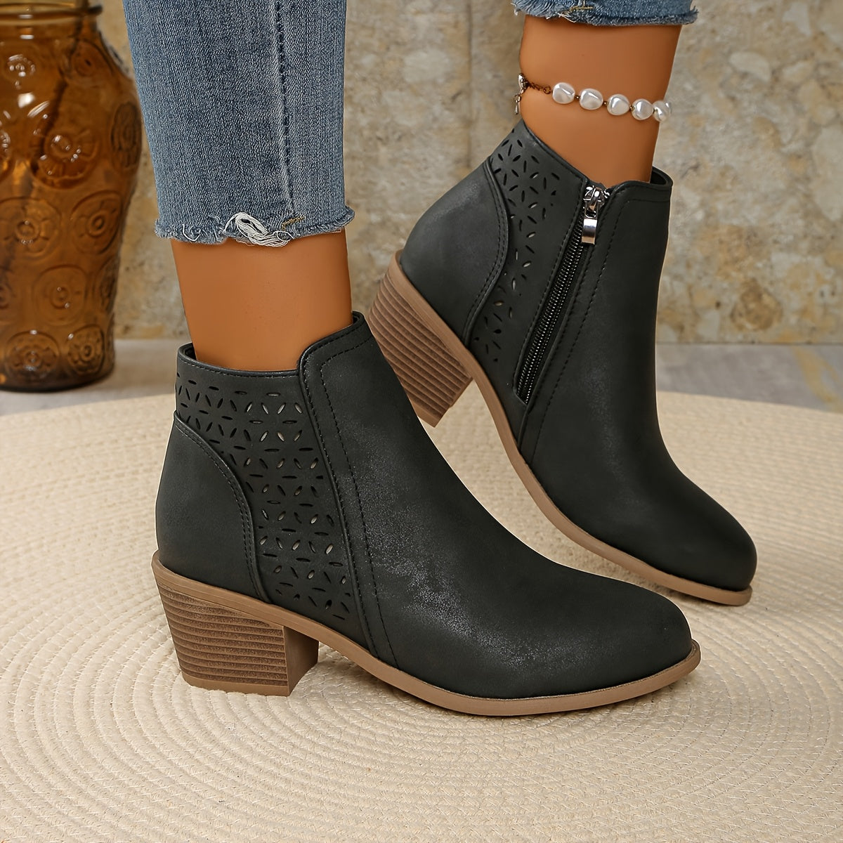 🔥 Women's Chunky Mid-Heel Slip-On Leather Orthopaedic Ankle Boots