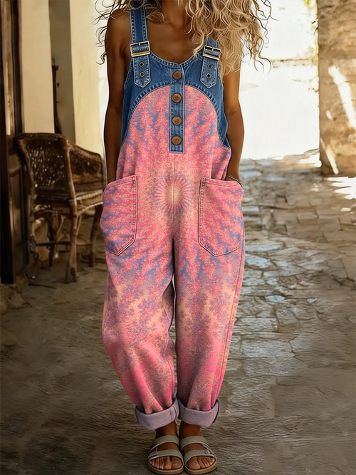Women's Retro Gradient Art Print Casual Denim Patchwork Jumpsuit