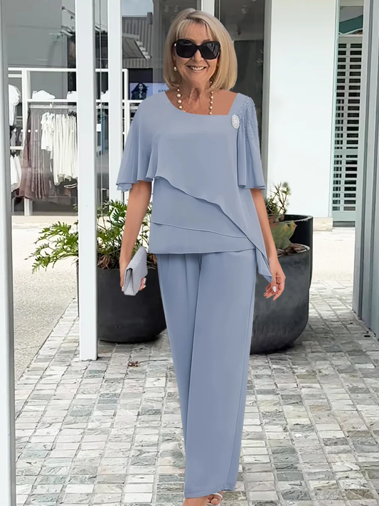 Women'S Chiffon Beaded Rhinestone Slim Wide-Leg Pants Two-Piece Suit