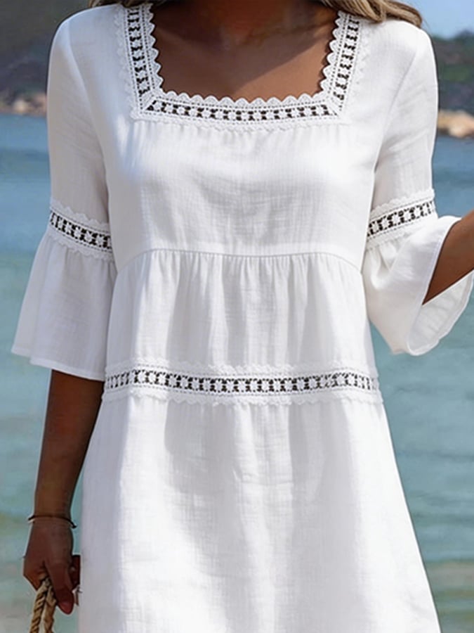 Women'S Casual Square Neck Lace Patchwork Dress
