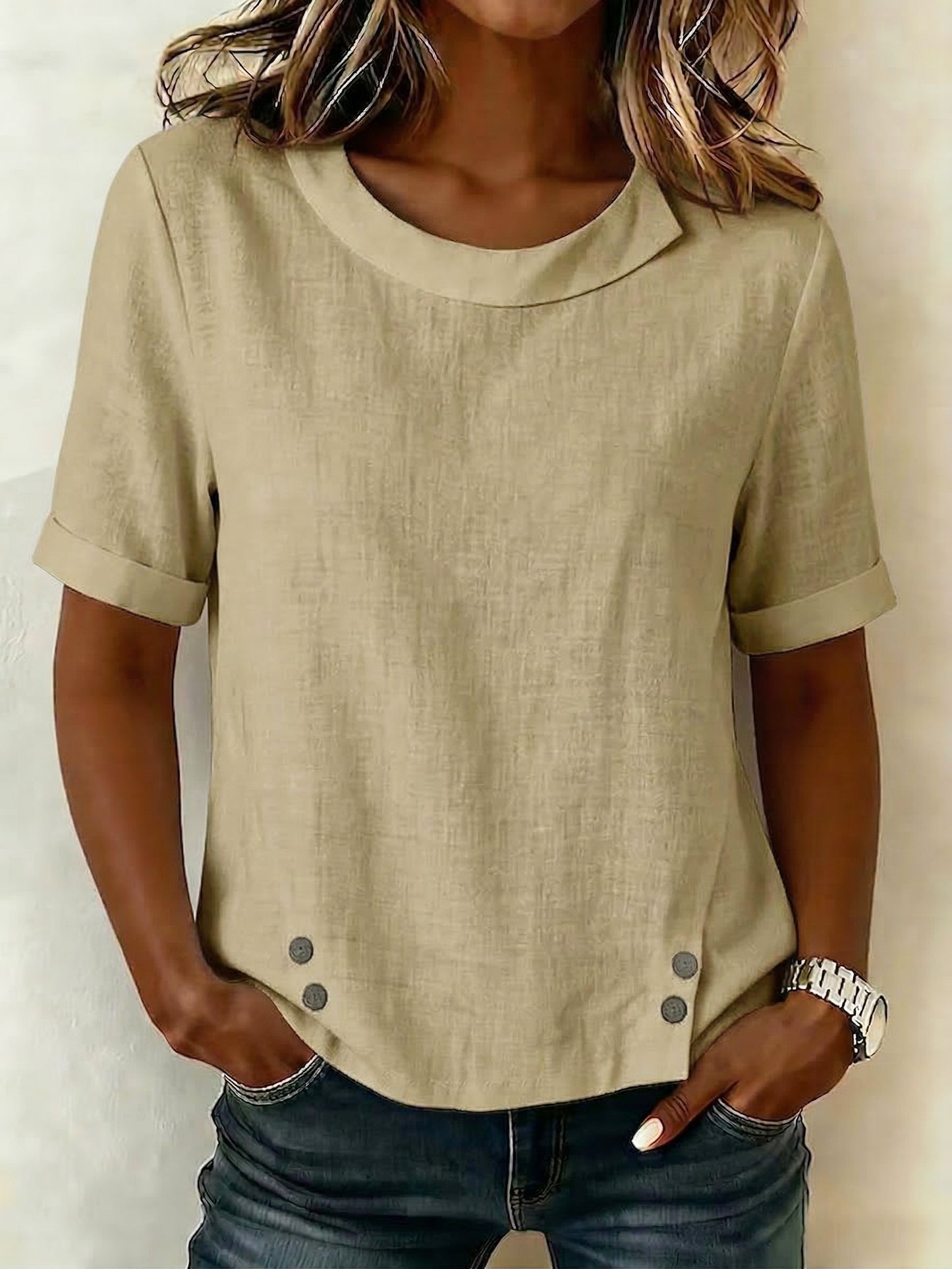 Cozy Retro Round-neck Cotton-linen Blouse