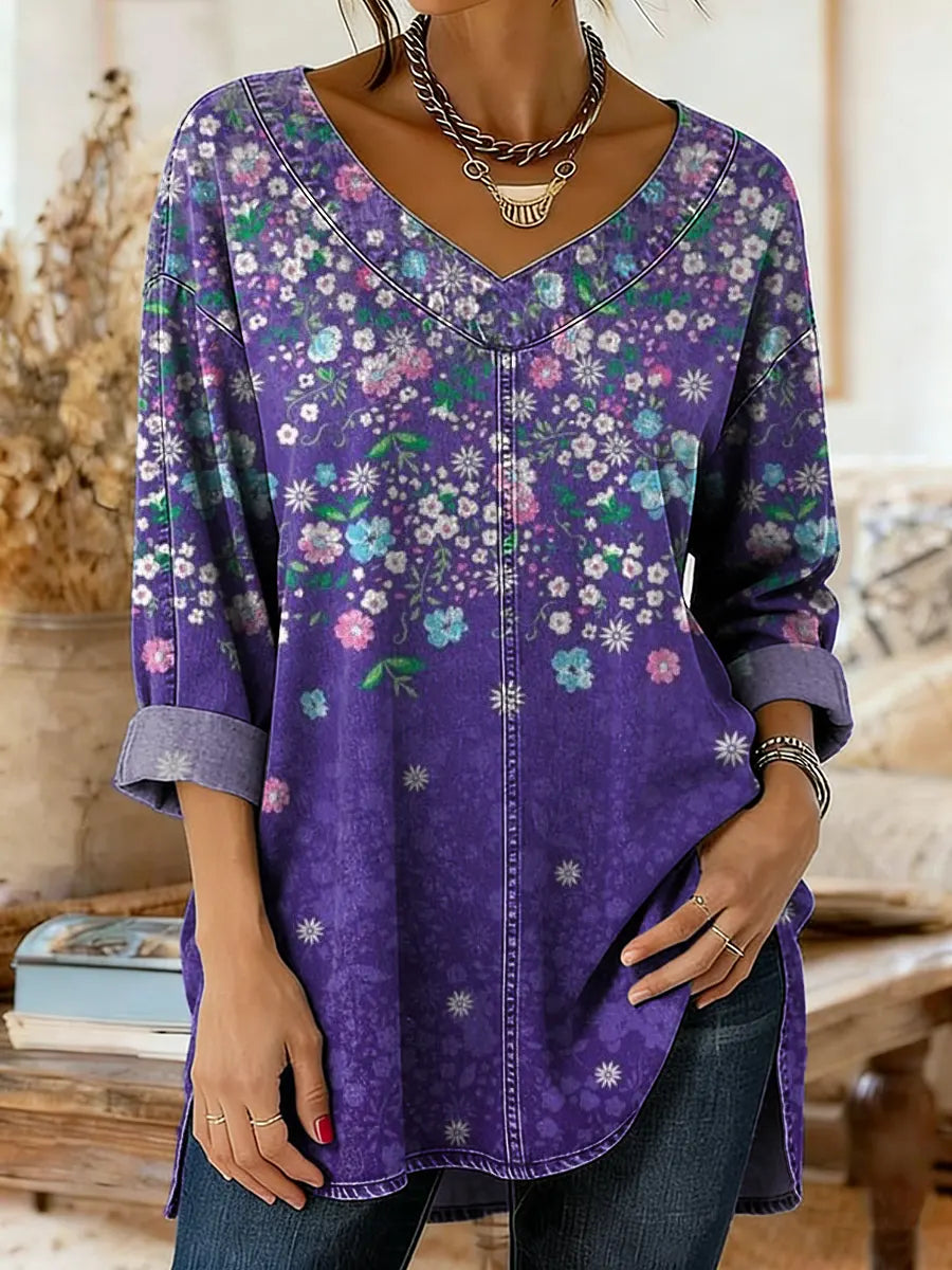 Women's Vintage Purple Floral Pattern Art Print Casual Washed Denim Cotton Top