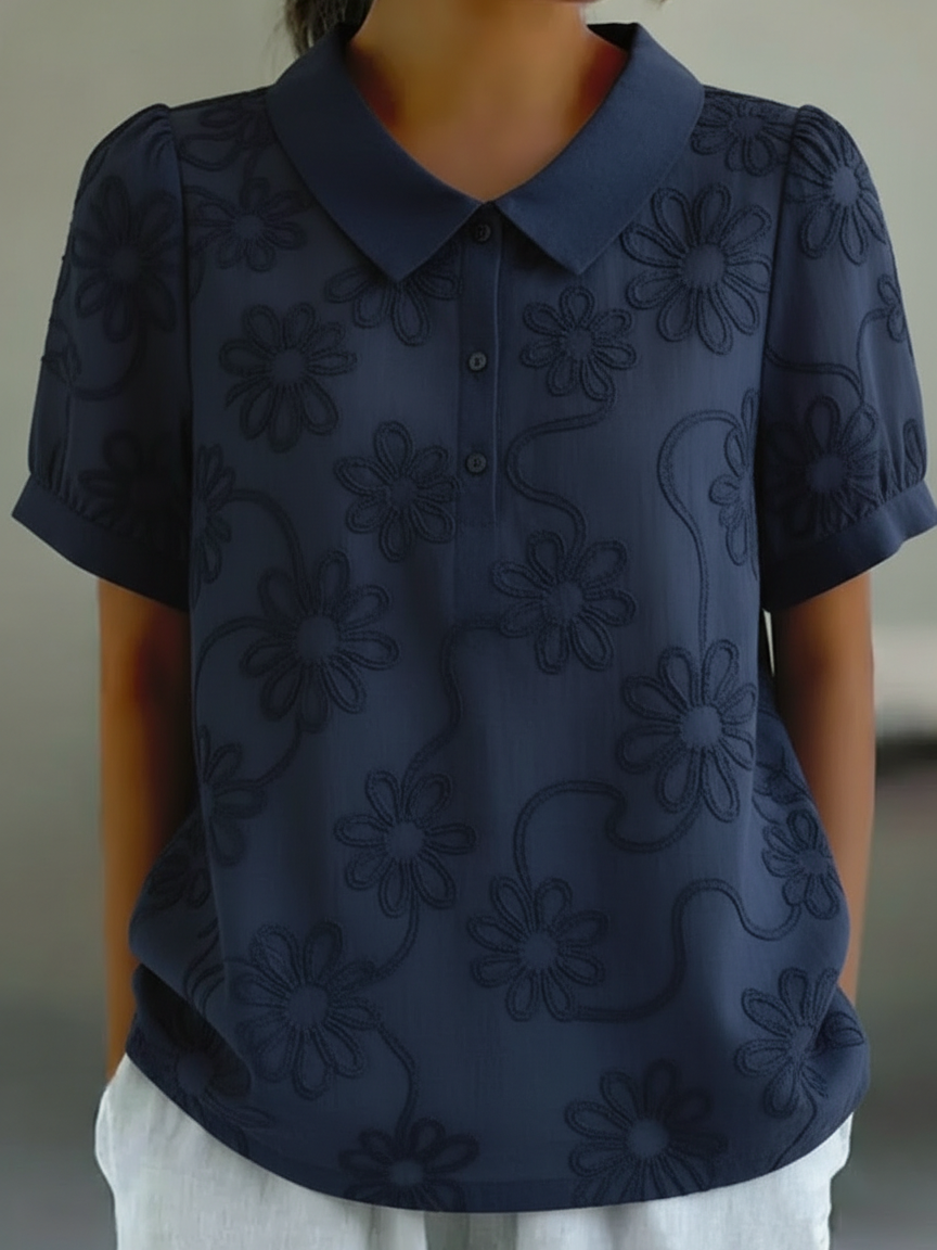 Vintage Peter Pan Collar Floral Embroidery Cotton Shirt