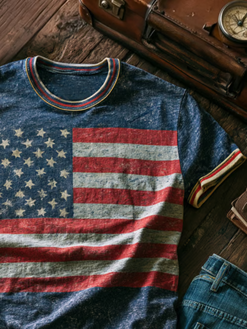 Men's Retro Patriotic Color-Block Crew Neck Short-Sleeve T-Shirt