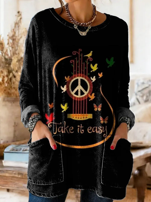 Women's Vintage Hippie Art Print Casual Long-sleeved Crew Neck Washed Denim Cotton T-shirt
