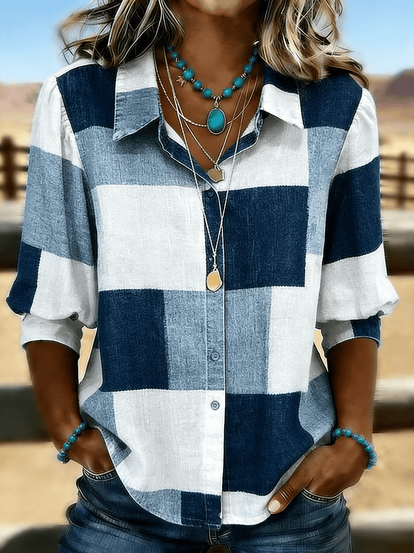 Women's Casual Cotton-Linen Plaid Blouse with Denim Effect