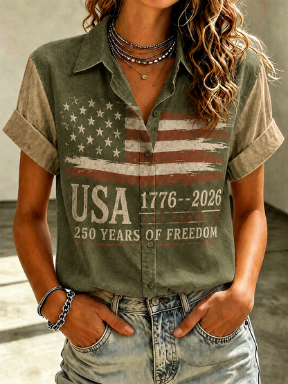 Women'S Casual American Flag 250Th Anniversary Celebration Floral Embroidery Printed Lapel Shirt