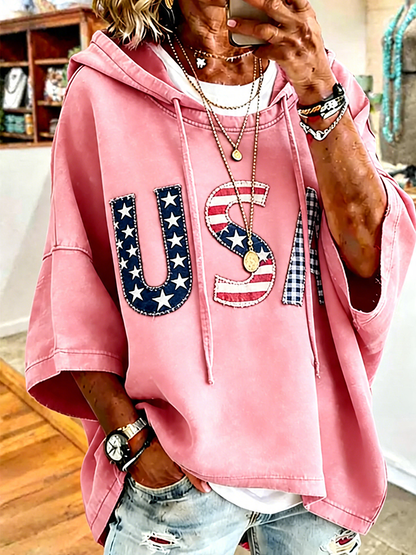 Patriotic Red USA Star Stripe Applique Oversized Hoodie