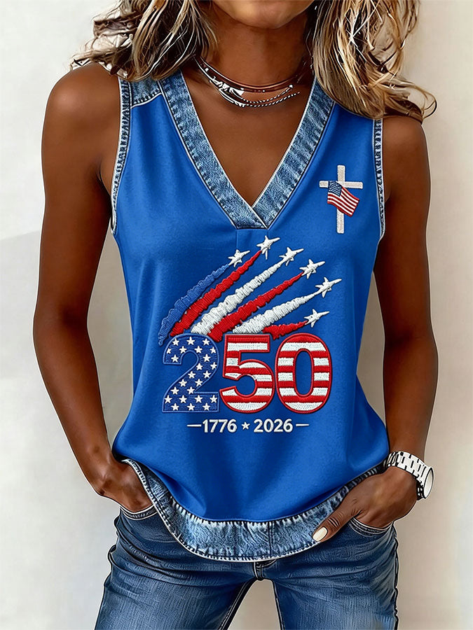 Women'S American Flag Independence Day 250Th Anniversary Printed Sleeveless Top
