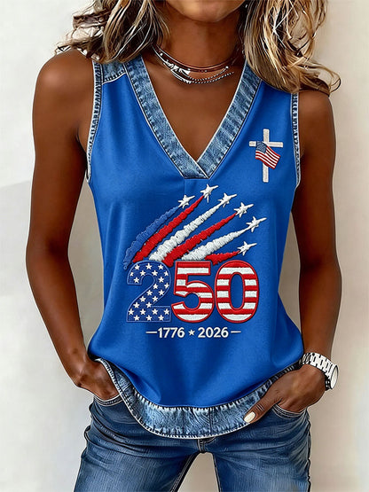 Women'S American Flag Independence Day 250Th Anniversary Printed Sleeveless Top