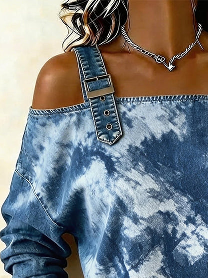 Women's denim casual jacquard off-shoulder top