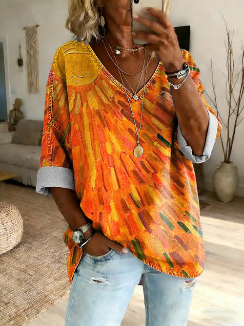 Women's Sun Art Print Cotton Denim V-Neck Top