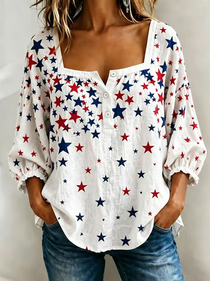 Ladies' Star Print Casual Cotton And Linen Top