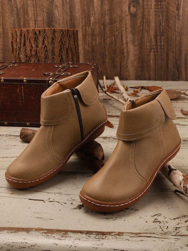 Women Hemmed Zip Casual Plain Round Toe Short Boots With Flat Heel